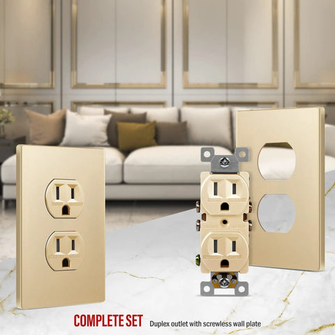 Elite Series Tamper Resistant Duplex Outlet With Screwless Wall Plate And Grounding Residential Grade 15A 125V Receptacle UL Listed Gold Finish