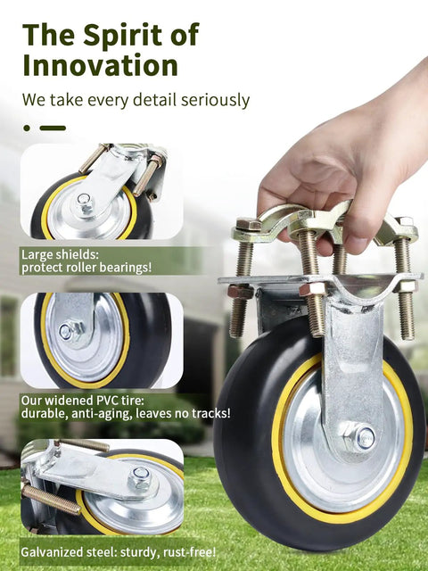 Six Inch Gate Wheel For Metal Tube Gates One Pack Anti Slip Adjustable Farm Gate Wheel with hand showing assembly details