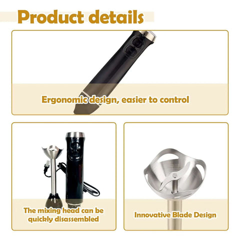 No Sweat 300W Hand Blender With Variable Speed Dial For Smoothies Baby Food Purees And Sauces Compact Immersion Stick Mixer showing ergonomic design and disassemblable mixing head.