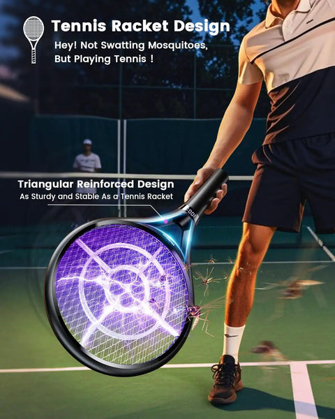 Person using Electric Fly Swatter With LED Display And USB Rechargeable 2000mAh Battery, 2500V Bug Zapper Racket In Auto And Manual Modes.
