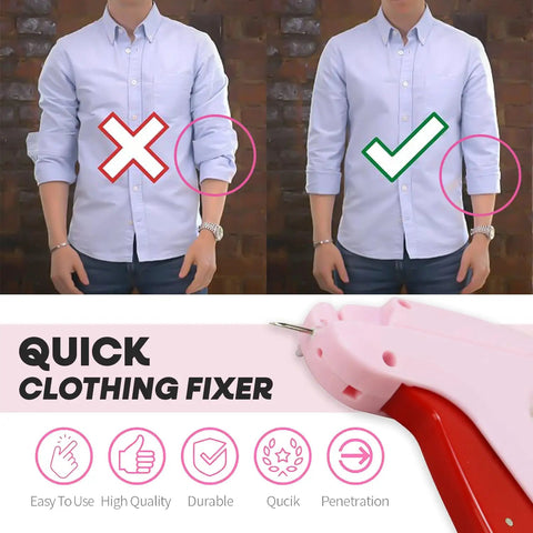 Mini Stitch Gun For No Sew Hem Fix And Button Rescue Kit showing shirt sleeve fix before and after, with pink tool in foreground