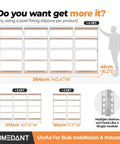 Dimensions and arrangement illustration of standing storage shelves for bulk installation with fixing clip usage guide.