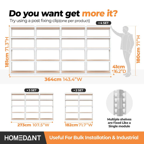 Dimensions and arrangement illustration of standing storage shelves for bulk installation with fixing clip usage guide.