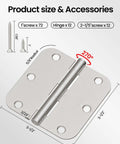 12 Pack Brushed Nickel Door Hinges 3.5 Inch Rounded With 5/8 Radius showcasing size and accessories, including screws and dimensions.