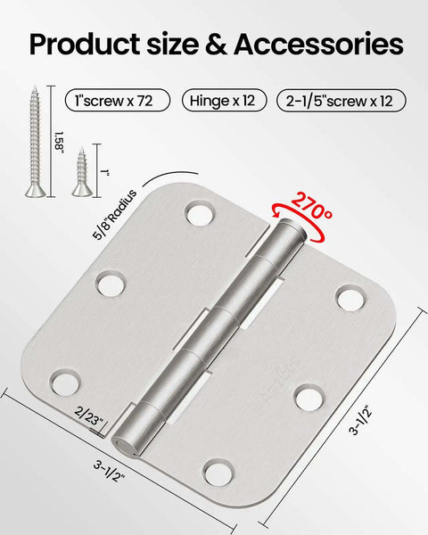 12 Pack Brushed Nickel Door Hinges 3.5 Inch Rounded With 5/8 Radius showcasing size and accessories, including screws and dimensions.