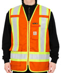 High Vis FR Safety Vest Zip Front Flame Resistant Workwear ANSI Class 1 Reflective Tape NFPA 70E Cotton Twill in bright orange.