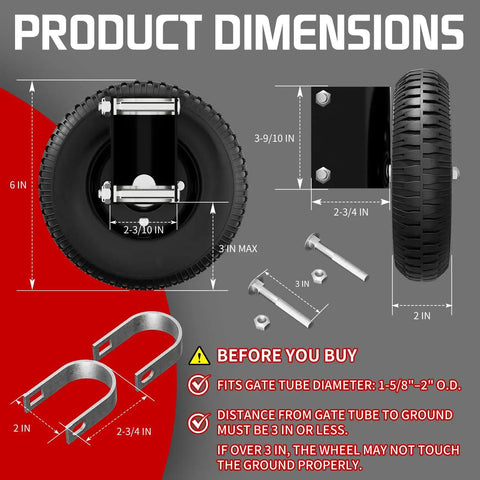 Heavy Duty 6 Inch Gate Wheel Caster For One And Five Eighths To Two And One Half Inch Diameter Round Tube Gates Up To 250 Lb Capacity With Screws And Wrenches Black Built For Outdoor Use, showing product dimensions and installation guide.