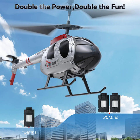 Beginner Friendly RC Helicopter With Auto Hover And Altitude Hold soaring over cityscape with 15min and 30min battery options