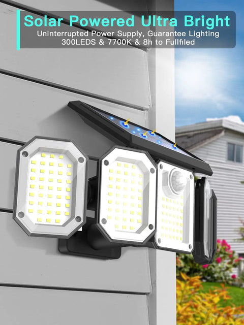 Solar Motion Sensor Lights Outdoor Five Head Flood Light Dope Bright 500LM 7700K Cool White mounted on house wall