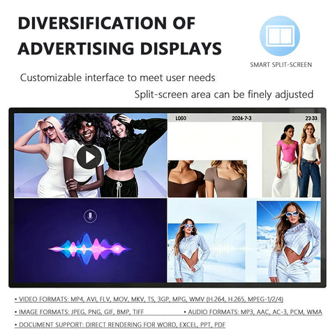Hassle Free 21.5 Inch Digital Signage Board With Quick Wifi And Remote Pairing For Retail Shops Sleek Wall Mount HD Screen showcasing split-screen customizable ads.