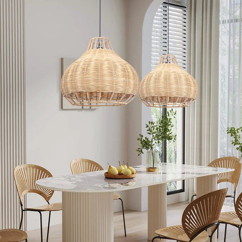 1 Light Rattan Pendant Light With Weave Pattern Natural Wicker Ceiling Fixture for Dining Room viewed in modern boho chic setting.