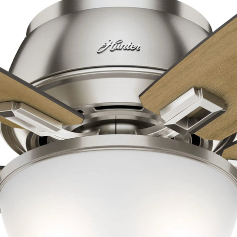 Close-up of Donegan 52 Inch Brushed Nickel Low Profile Ceiling Fan With Dope LED Light Kit And Pull Chain, Satin Nickel Frosted Glass