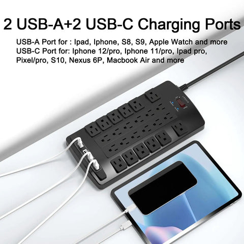 Surge Protector Power Strip With 24 Outlets And 4 USB Ports Including 2 USB C 4100J Surge Protection 6 Foot Flat Plug Heavy Duty Extension Cord ETL Listed For Home Office Dorm Room Black, angled view with tablet and charging cables