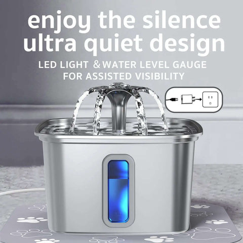 Award Winning Premium 304 Stainless Steel Cat Water Fountain 108 Oz 3.2 L Automatic Pet Fountain with LED and water gauge