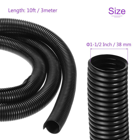 Slick Ten Foot Black Split Wire Loom Tubing Packing A Bendy One And A Half Inch Covering, showing 10 ft corrugated cable sleeve.