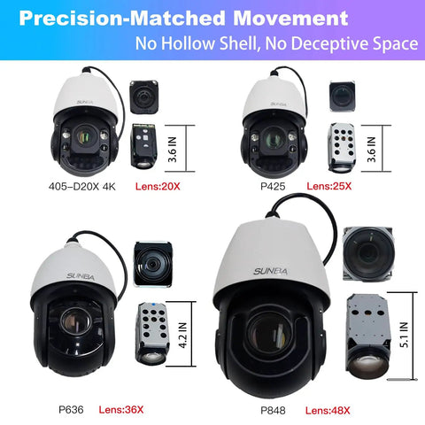 Built Tough 5Mp PoE Plus Auto Tracking Ptz Ip Security Camera Outdoor With Killer 72X Zoom And Smooth Ai Following Pro Dome featuring lens details.