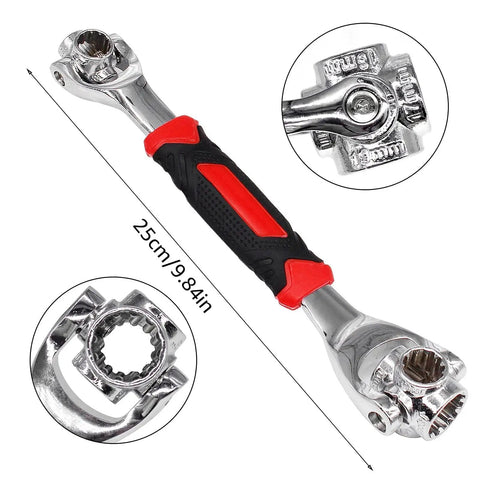 52 In 1 Universal Socket Wrench Set With 360 Degree Rotating Head And Rubber Handle in stainless steel, showing multi-tool details