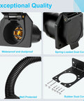 Built Tough 7 Pin Trailer Connector With Mounting Bracket And Color Coded Wiring Harness For No Fuss DIY Friendly Installation Waterproof 7 Way Plug For RVs Boats And Trailers shown with brass terminals, dust cover, and mounting bracket.
