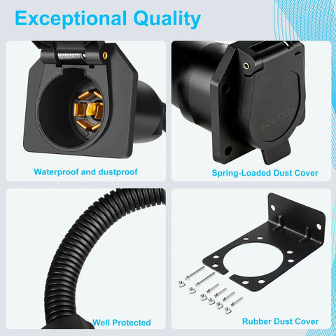 Built Tough 7 Pin Trailer Connector With Mounting Bracket And Color Coded Wiring Harness For No Fuss DIY Friendly Installation Waterproof 7 Way Plug For RVs Boats And Trailers shown with brass terminals, dust cover, and mounting bracket.