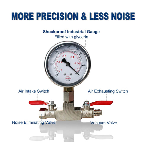 Shockproof gauge with glycerin, air intake and exhausting switches for 1.5 Gallon Vacuum Chamber With Tempered Glass Lid And Stainless Steel Build.