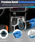 Two Pack 16mm Push Button Switch 12V DC Latching On Off Waterproof LED Blue with Bright Ring, Built Tough Metal Construction, High Visibility, Durable Click Action for Marine, Automotive, DIY Projects on car dashboard