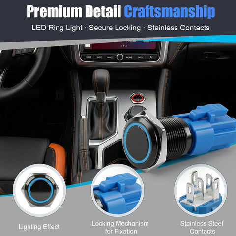 Two Pack 16mm Push Button Switch 12V DC Latching On Off Waterproof LED Blue with Bright Ring, Built Tough Metal Construction, High Visibility, Durable Click Action for Marine, Automotive, DIY Projects on car dashboard