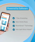 Hand holding phone showing features of Puck Wireless Smart Thermostat For Smart Vents And Mini Splits with software capabilities.