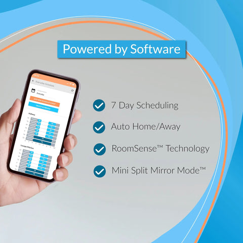 Hand holding phone showing features of Puck Wireless Smart Thermostat For Smart Vents And Mini Splits with software capabilities.