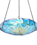 11 Inch Hanging Glass Bird Bath With Peacock Pattern Outdoor Bird Feeder And Garden Decor For Yard Bright Colorful Wavy Rim