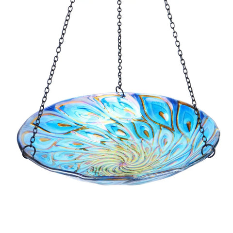 11 Inch Hanging Glass Bird Bath With Peacock Pattern Outdoor Bird Feeder And Garden Decor For Yard Bright Colorful Wavy Rim