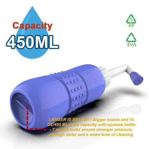 450ml blue Two Pack Portable Bidet For Toilet 450ml Handheld Travel Bidet with angled nozzle shown on white background