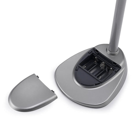 Base of MultiFlex LED Floor Magnifier Lamp with battery compartment cover removed, silver finish, 6 inch viewing area.