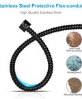 Stainless steel flex-conduit highlighting anti-rust, waterproof, and abrasion-resistant features in close-up view.