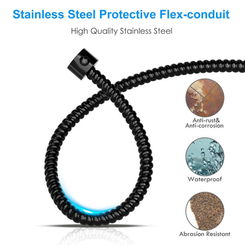 Stainless steel flex-conduit highlighting anti-rust, waterproof, and abrasion-resistant features in close-up view.