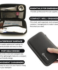 Grab And Go First Aid Kit Ultra Portable Compact Waterproof Emergency Supplies For Home Car Travel Camping Truck Hiking Sports Office And Outdoor Use In Black, shown with contents and compact case