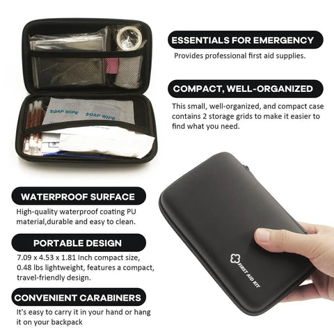 Grab And Go First Aid Kit Ultra Portable Compact Waterproof Emergency Supplies For Home Car Travel Camping Truck Hiking Sports Office And Outdoor Use In Black, shown with contents and compact case