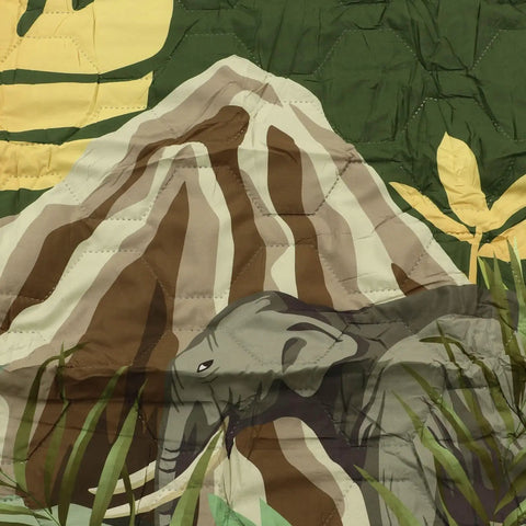 Picnic Blanket With Dot Print Thick Foldable Beach Mat detail of mountain and elephant design on green background, indoor outdoor use