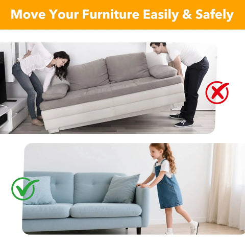 Collage showing incorrect and correct ways to move furniture on carpet using 8 Pack Carpet Furniture Sliders For Heavy Furniture On Carpet Heavy Duty Square Sliders 1.97x0.31 In Reusable Moving Pads For Easy Furniture Moves On Carpeted Floors Glide Smoothly And Protect Floors.
