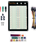 Solderless 1660 Breadboard Super Kit With Aluminum Back Plate, showing breadboard, binding posts, jumper wires, and accessories.