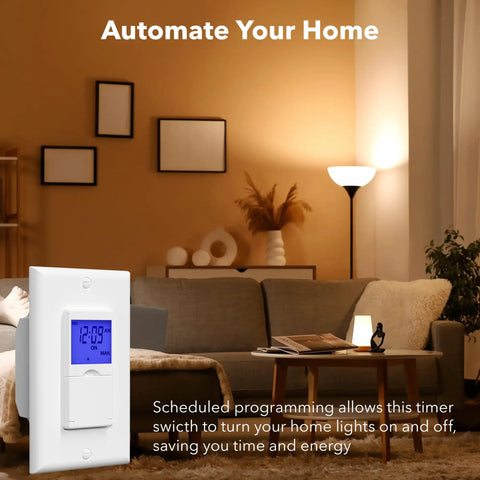 Living room with 7 Day Programmable In Wall Light Timer Switch with Blue Backlight Digital Indoor Timer visible on wall, cozy setting.