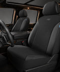 Rugged Work Leather Car Seat Covers With Built In Webbing That Keeps Shape And Is Five Times Stronger Than Ordinary Oxford Fabric Front Seat Cover Airbag Compatible For Cars Trucks And SUVs Black installed in vehicle