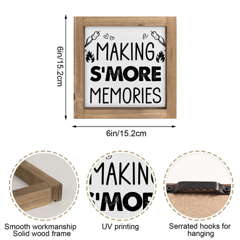 Six Inch Smores Station Sign Wooden Camper Decor with 'Making S'more Memories' text on rustic cedar frame for indoor use