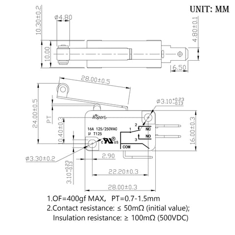 Technical diagram of Micro Limit Switch V 156 1C25 SPDT Snap Action Momentary Roller Lever Arm 10 Pack with measurements in mm