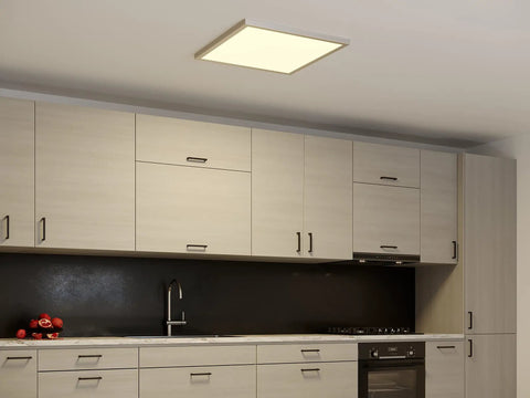 24 Inch Smart LED Flat Panel Ceiling Light Direct Wire In Brushed Nickel, 4000 Lumens in modern kitchen setting