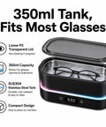Heavy Duty Ultrasonic Cleaner Harnesses 48Khz Sonics To Slash Through Gunk On Jewelry Glasses Retainers Dentures And Watches While Providing A Quiet Digital Timer And Vibrant Led Ambient Lighting For Smooth Cleanup, showing a 350ml stainless steel tank with glasses inside.