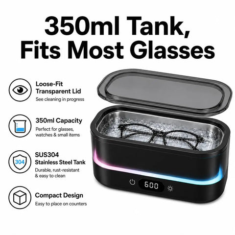 Heavy Duty Ultrasonic Cleaner Harnesses 48Khz Sonics To Slash Through Gunk On Jewelry Glasses Retainers Dentures And Watches While Providing A Quiet Digital Timer And Vibrant Led Ambient Lighting For Smooth Cleanup, showing a 350ml stainless steel tank with glasses inside.