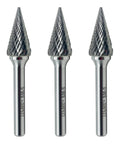 Three Piece Tungsten Carbide Burr Rotary File Set For Die Grinder And Drill With 25 Degree Pointed Cone Double Cut One Quarter Inch Shank One Half Inch Cutter Diameter One Inch Cutter Length Beefed Up Heavy Duty Pro Grade