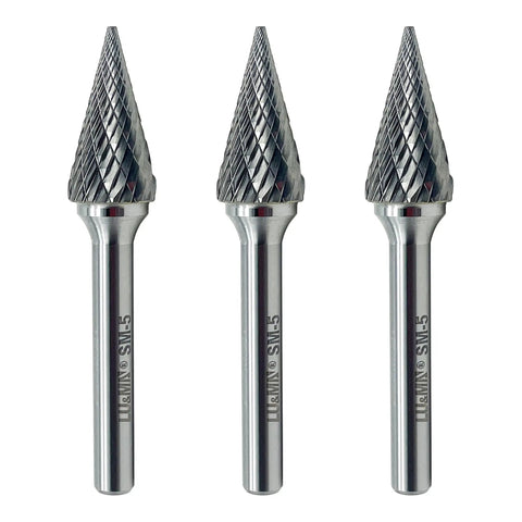 Three Piece Tungsten Carbide Burr Rotary File Set For Die Grinder And Drill With 25 Degree Pointed Cone Double Cut One Quarter Inch Shank One Half Inch Cutter Diameter One Inch Cutter Length Beefed Up Heavy Duty Pro Grade