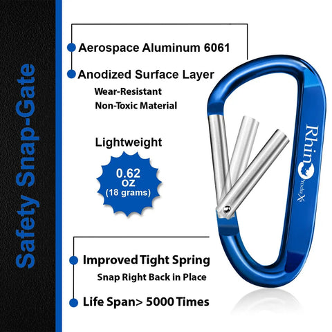 Lightweight Aluminum Snap Carabiner Set, 8 Pack D Ring Clip Style With 8 Keyrings details and specifications on a blue carabiner