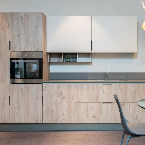 Modern kitchen with wooden cabinets featuring 6 pack finger edge pulls for cabinets 80mm length matte black concealed cabinet handles.